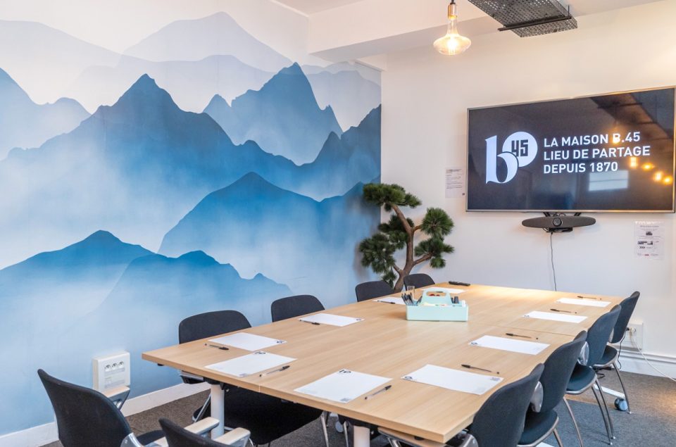 Salle Gustave avec papier pin imprimé montagne bleu et table en disposition bureau avec kit papeterie sur la table. Télévision devant la table accrochée au mur